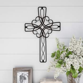Metal Wall Cross with Decorative Floral Scroll Design- Rustic Handcrafted Religious Wall Art for Décor in Living Room, Bedroom, More by Lavish Home