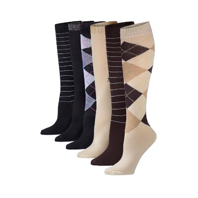 Tipi Toe Women's 6 Pairs Dark Colorful Argyle Striped Patterned Knee High Socks