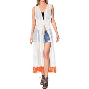 LA LEELA Women's Open Front Summer Vacation Beachwear Long Bathing Suit Duster Casual Holiday Swimwear Coverups Cardigan Top M-L White, Solid - 1 of 4