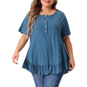 Agnes Orinda Women's Plus Size V-Neck Button-up Short Sleeve Ruffled Hem T-Shirts - 1 of 4