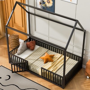 Full/Twin Size Platform Bed, House-Shaped Metal Bed Frame with Fence and Door -ModernLuxe - 1 of 4
