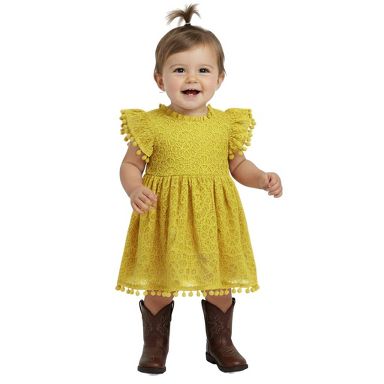 2Bunnies Baby Girls' 3M-2T Lace Pom Pom Trim Girl Dress Mustard 3 months