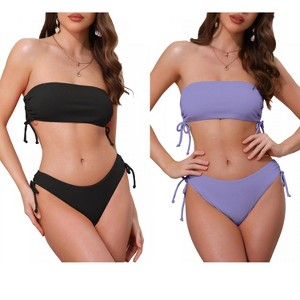 INSPIRE CHIC Women's Bandeau Drawstring Side Tie Ribbed Strapless Top Triangle Bottom Swimwear Bathing Bikini Suits 2 Sets - 1 of 4