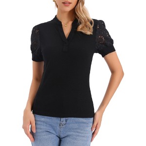 INSPIRE CHIC Women's V Neck Crochet Short Sleeve Casual Pullover Top - 1 of 4