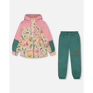 Deux par Deux Girl Two-Piece Mid-Season Outerwear Set Sage, Pink, and Flowers on Beige - 1 of 4