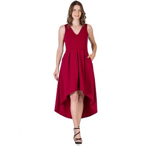 Womens Sleeveless V-Neck High Low Pleated Fit N Flare Pocket Midi Dress - 24seven Comfort Apparel™ - 1 of 4