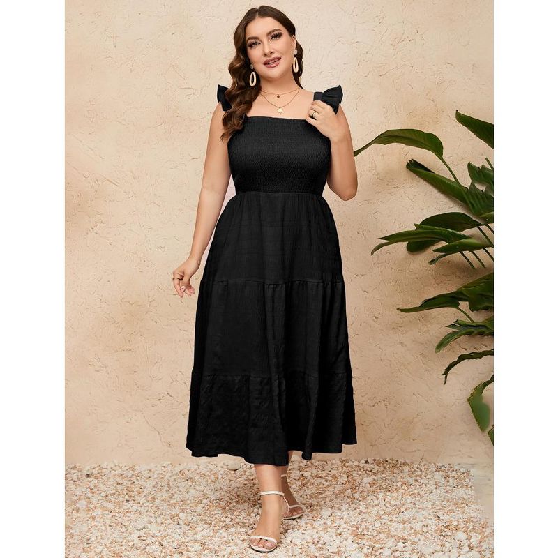 Women Plus Size Sleeveless Maxi Dress Smocked High Waist Tiered Ruffle Summer Casual Midi Dress, 3 of 9