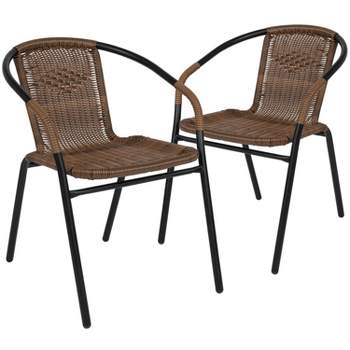 Emma and Oliver 2 Pack Rattan Indoor-Outdoor Restaurant Stack Chair with Curved Back