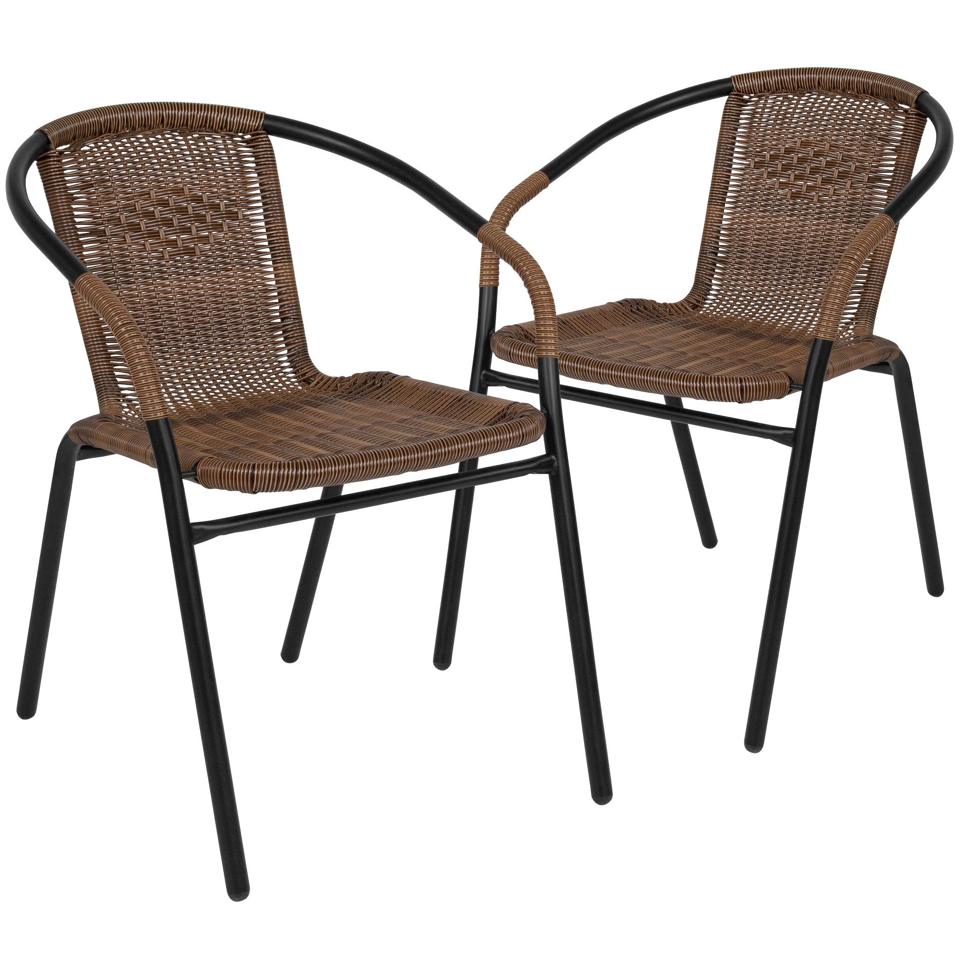 Emma and Oliver 2 Pack Medium Brown Rattan Indoor-Outdoor Restaurant Stack Chair