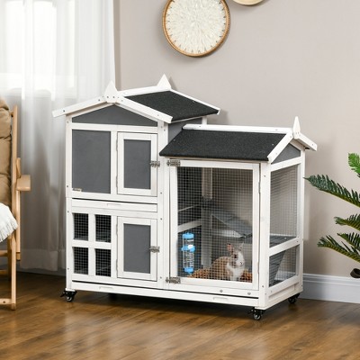 Gray and White Fir Wood Two-Story Rabbit Hutch with Wheels