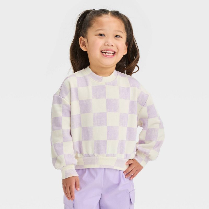 Grayson Mini Toddler Girls' Oversized French Terry Checkered Crewneck Sweatshirt - Purple, 1 of 9