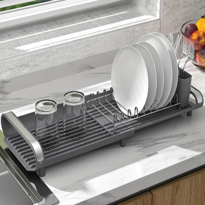 Compact Gray Metal Foldable Dish Rack with Utensil Cup