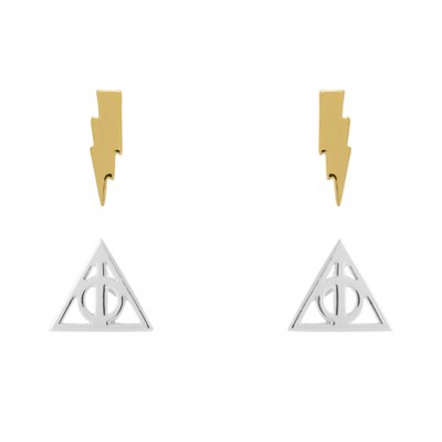 Harry Potter Gold and Silver Plated Stud Earring Sets Lighting Bolt and Deathly Hallows 2 Pairs