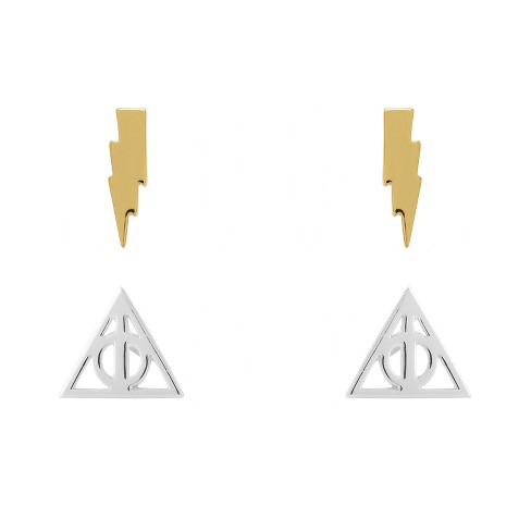 Harry Potter Gold and Silver Plated Stud Earring Sets - Lighting Bolt and  Deathly Hallows - 2 Pairs