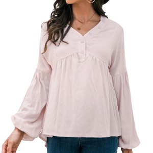Anna-Kaci Women's Long Sleeve Button Front Peasant Top with Gathered Waist and Flowy Fit - 1 of 4