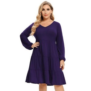 Women's Plus Size Fall Dress Long Sleeve Casual Babydoll Shift Tiered Flowy Midi Dresses - 1 of 4