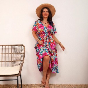 Women Plus Size Floral Print Wrap Maxi Dress Smocked Bodice Flutter Sleeve Casual Elegant Dresses Pink 1X