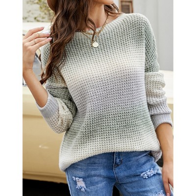 Women's Color Block Sweater Round Neck Knit Pullover Loose Fit Long Sleeve Casual Top