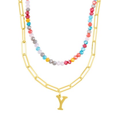 Adornia 14k Gold Plated Adjustable Layered Color Beads and Paperclip Chain Initial Necklace