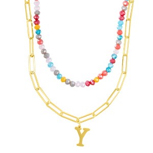Adornia 14k Gold Plated Adjustable Layered Color Beads and Paperclip Chain Initial Necklace - 1 of 3