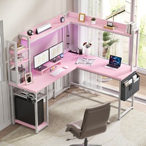 Aheaplus L-Shaped Desk with Hutch & Power Outlet, Gaming Desk, Corner Computer Desk with Led Lights - 1 of 4