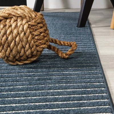 Ivory and Navy Striped Synthetic 4' x 6' Reversible Rug