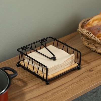 Black Metal Square Napkin Holder with Wooden Base