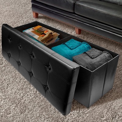 Black Faux Leather Storage Ottoman Bench with Button-Tufting