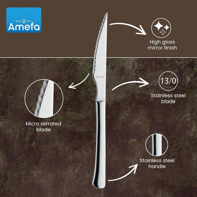 Amefa Chuletero Steak Knives, Set of 6, Hardened Stainless Steel, Hammered Ergonomic Handle Design, Micro Serrated Edge 4 Inch Blade Steak Knife, 3 of 7
