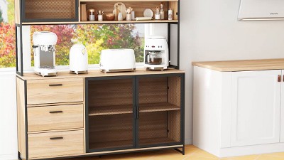 Brown Wood and Metal Mesh 3-Door Kitchen Pantry Cabinet