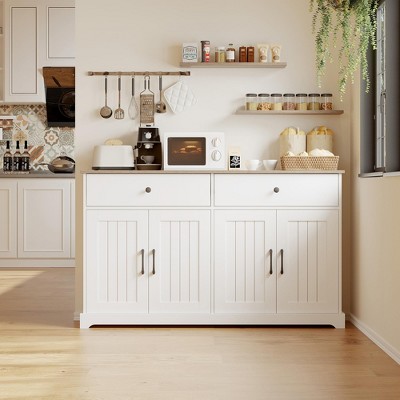 Sideboard Buffet Cabinet with Doors & Drawers, Farmhouse Kitchen Storage Cabinet with Adjustable Shelves, White Coffee Bar for Dining Room