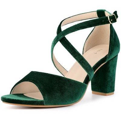 Perphy Women s Criss Cross Strap Faux Velvet Open Toe Block Heel Sandals Emerald Green 9 Target