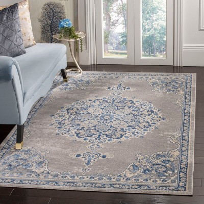 Gray and Blue Floral Medallion Rectangular Area Rug
