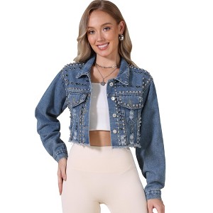 INSPIRE CHIC Women's Rivet Studded Denim Turndown Collar Long Sleeve Casual Wash Cropped Jean Jacket - 1 of 4
