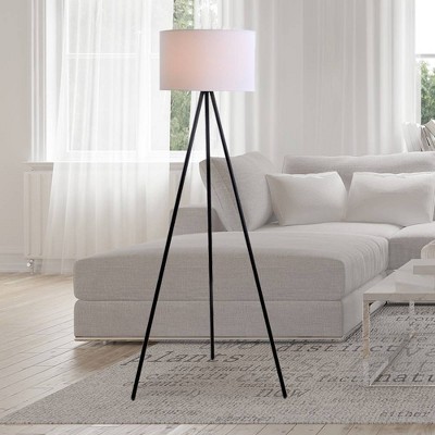 61.25" Metal Tripod Floor Lamp with Linen Shade Black/White - Cresswell Lighting: Modern Standing Lamp, ETL Listed