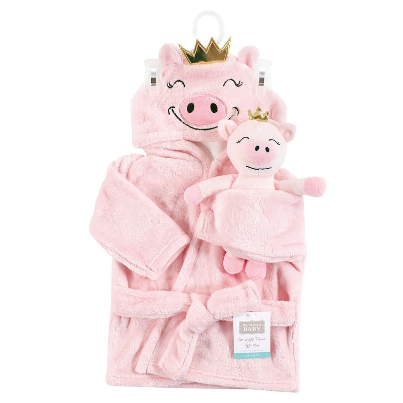 Hudson Baby Infant Girl Plush Bathrobe and Toy Set, Pig, One Size, 2 of 5