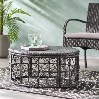 Patio Wicker Oval Side Table,Polyethylene Rattan Woven Living Room Coffee Table,Farmhouse Rattan Coffee Table With Loop Design-Coolbibila