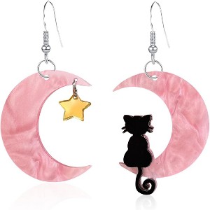 Moonlit Cat Silhouette Earrings - Whimsical Asymmetric Design with Crescent Moon and Playful feline Charm - 1 of 4