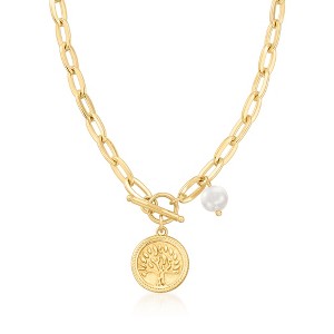 Ross-Simons 18kt Gold Over Sterling Tree Of Life Coin Necklace With 7mm Cultured Pearl Size 18 - 1 of 3