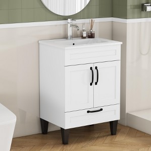 ORRD 24" Bathroom Vanity with Sink Combo, Modern 2-Drawer Cabinet & Ceramic Basin, Soft Close Doors, Black Handles, White - 1 of 4