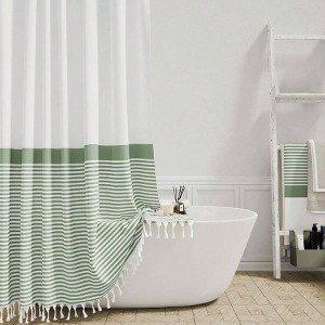 Extra Long Shower Curtain, 84 Inch Farmhouse Striped Tassel, Sage Green, 72x84, Tall Textured Cloth with Hook - 1 of 4