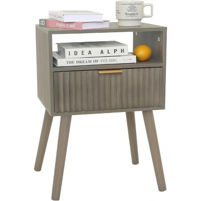 Mid Cetury Modern Nightstand with Charging Station, Fluted Bedside Table with Storage