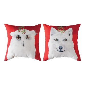 White 18"x18" Pillow –Christmas Animals Design – Owl & Wolf by Manual Woodworkers & Weavers - 1 of 3