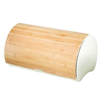 Oggi Stainless Steel Hinged Top Bread Box for Kitchen Countertop with Bamboo Lid, Warm Gray