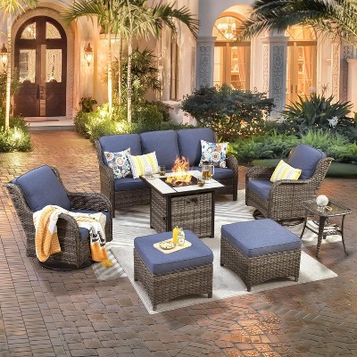 XIZZI Wicker Patio Furniture Set with 3-Seat Sofa, Swivel Rocking Armchairs & Ottomans & Side Table, Modular Sectional Outdoor Conversation Sofa Set