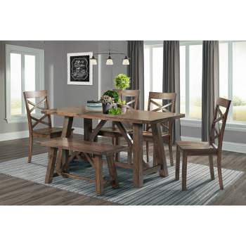 6pc Regan Dining Set Table, 4 Side Chairs and Bench Walnut Brown - Picket House Furnishings