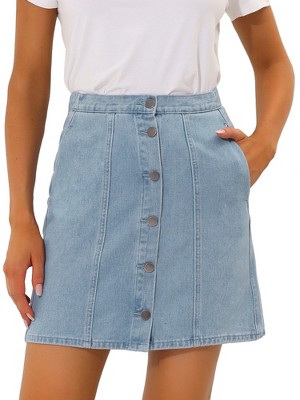 Allegra K Women's Elastic Back Short Button Down Denim Skirts with Pockets