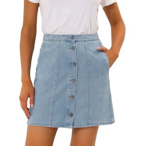 Allegra K Women's Elastic Back Short Button Down Denim Skirts with Pockets - 1 of 4