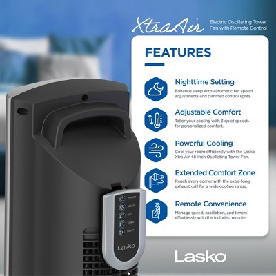 Lasko 48-Inch Silver Oscillating Tower Fan with Remote
