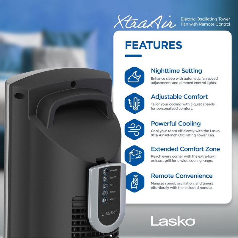 Lasko T48332 XtraAir 48 Inch 3 Speed Quiet Widespread Oscillating Home Tower Fan with Remote, Electronic Controls, 8 Hour Timer, and Nighttime Setting, 2 of 7